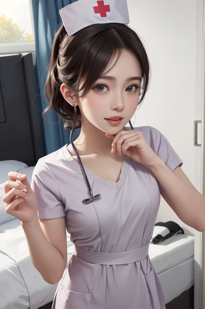 (masterpiece,ultra-detailed,best quality,8K,CG,illustration,shaved:1.0),(1girl:1) 、Dark Room、bedroom、Sexy gestures and faces、Sexy, jyojifuku,nurse