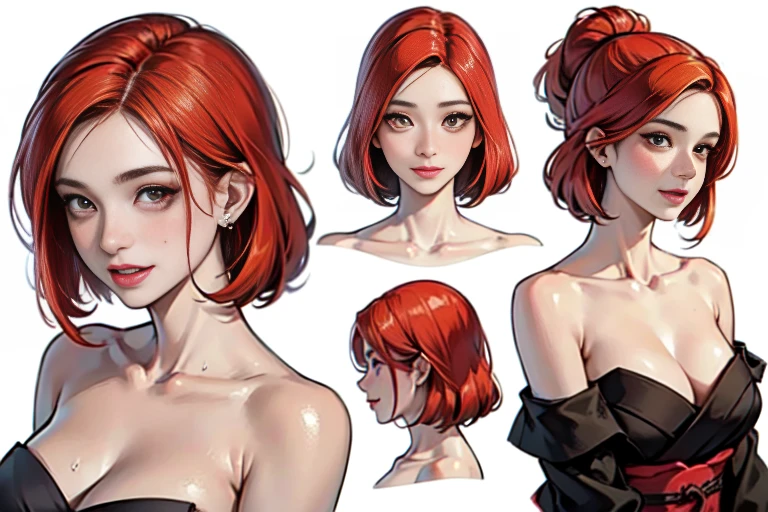 Highest quality, Detailed face, Character Sheet,(((young woman:1.5))), ((whole body:1.2)), Full of details, multiple postures and expressions, Very detailed, depth, ****ung woman, (masterpiece), 8KHighest quality, Expressive eyes, Perfect Face, High resolution, 1 Girl, alone,Character design sheet, (Redhead:1.5) (Female Body:1.3),smile, Medium Hair, (Orange eyes), (Female Body:1.3), clavicle, naked, Without clothes, Slender figure,Cleavage,seiza,Sitting pose, Blushed,Sweaty, glistening skin,Looking at the audience,(White background),Plain white background,