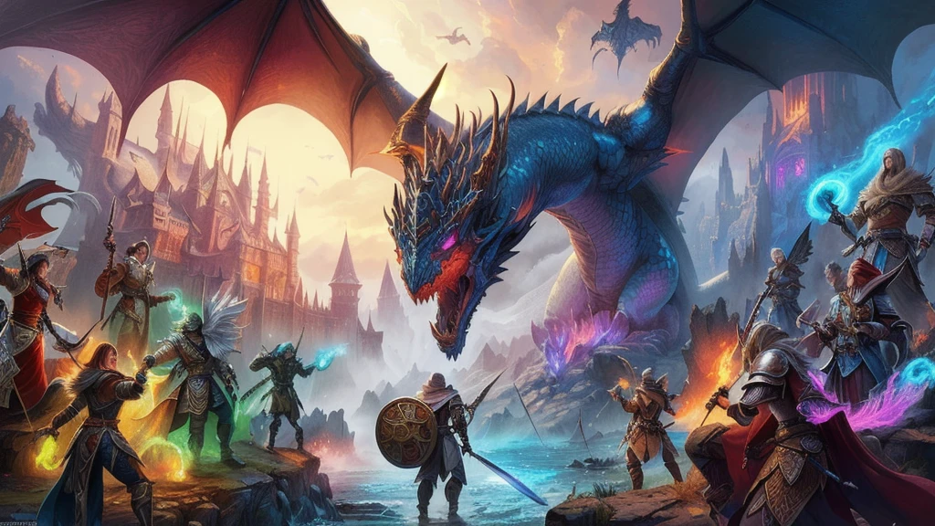 4k Resolution,a group of people(High Detailed face,body),standing around a dragon with a sword, d & d fantasy digital art, game dungeons and dragons(High Detailed Wings,Skins), hyperrealistic d & d fantasy art, dungeons and dragons fantasy art, dungeons and dragons artwork, d & d fantasy art, epic fantasy game art, dungeons and dragon, d & d dragon age warcraft, battle with dragon, fantasy game art