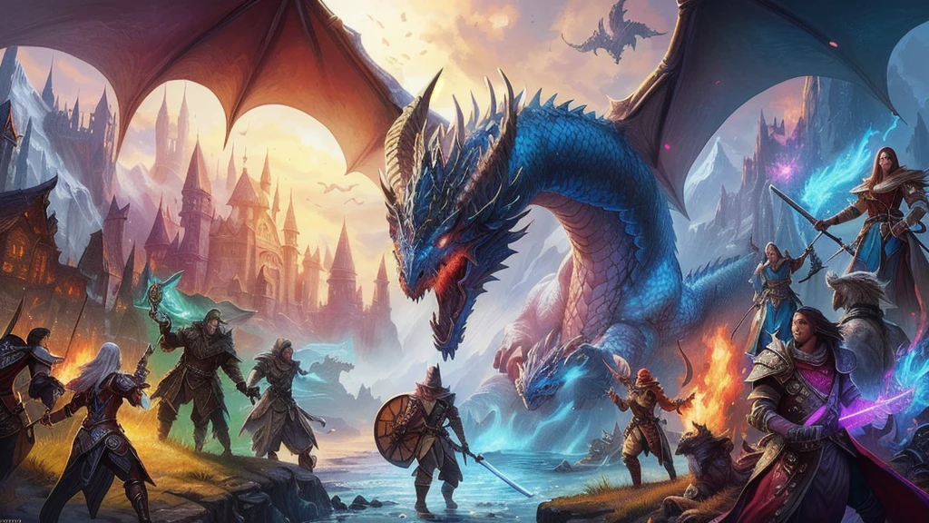 4k Resolution,a group of people(High Detailed face,body),standing around a dragon with a sword, d & d fantasy digital art, game dungeons and dragons(High Detailed Wings,Skins), hyperrealistic d & d fantasy art, dungeons and dragons fantasy art, dungeons and dragons artwork, d & d fantasy art, epic fantasy game art, dungeons and dragon, d & d dragon age warcraft, battle with dragon, fantasy game art