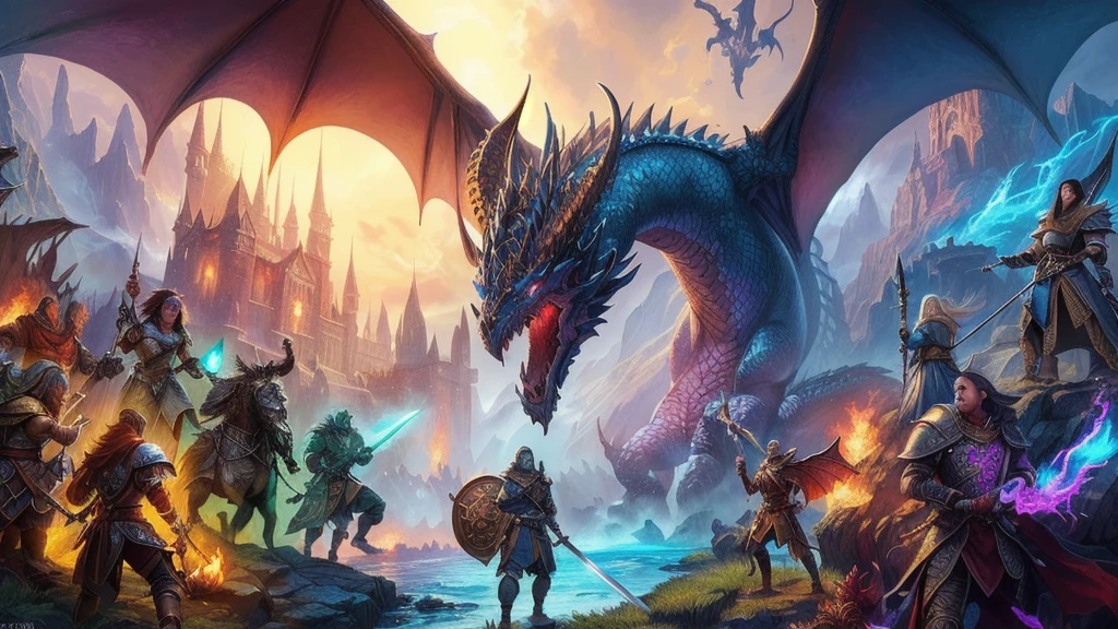 4k Resolution,a group of people(High Detailed face,body),standing around a dragon with a sword, d & d fantasy digital art, game dungeons and dragons(High Detailed Wings,Skins), hyperrealistic d & d fantasy art, dungeons and dragons fantasy art, dungeons and dragons artwork, d & d fantasy art, epic fantasy game art, dungeons and dragon, d & d dragon age warcraft, battle with dragon, fantasy game art