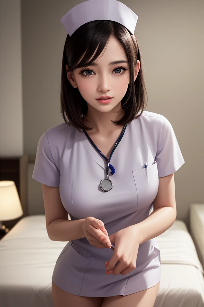 (masterpiece,ultra-detailed,best quality,8K,CG,illustration,shaved:1.0),(1girl:1) 、Dark Room、bedroom、Sexy gestures and faces、Sexy, jyojifuku,nurse