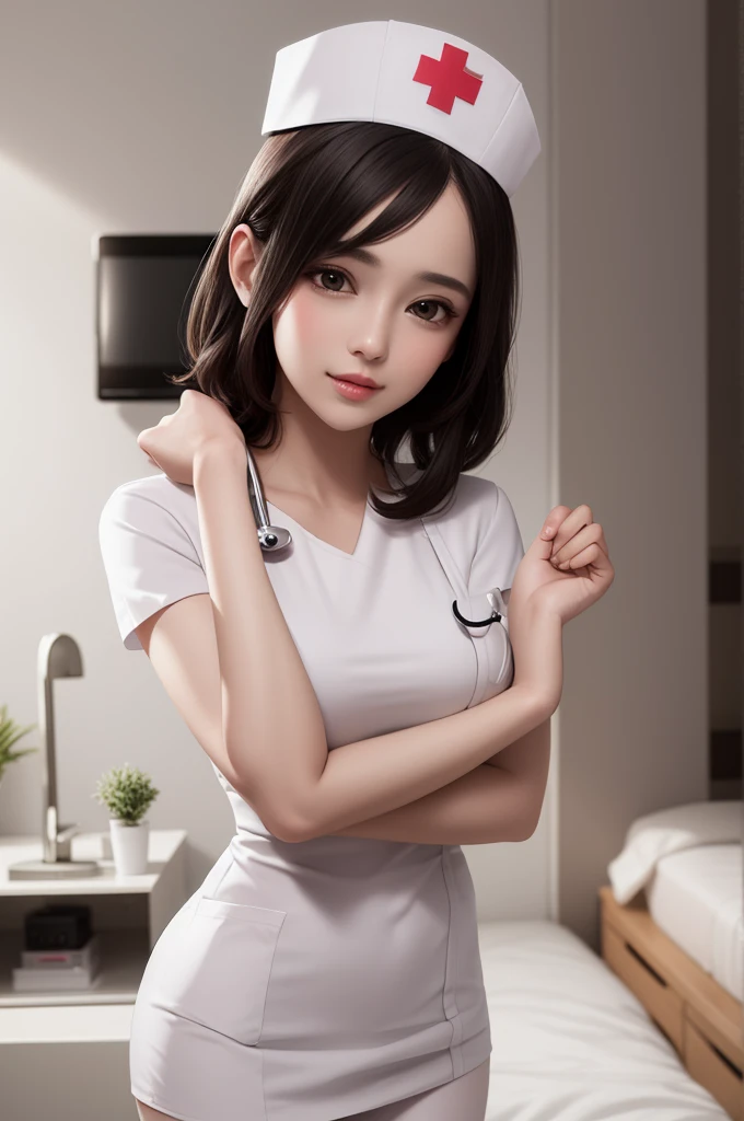 (masterpiece,ultra-detailed,best quality,8K,CG,illustration,shaved:1.0),(1girl:1) 、Dark Room、bedroom、Sexy gestures and faces、Sexy, jyojifuku,nurse