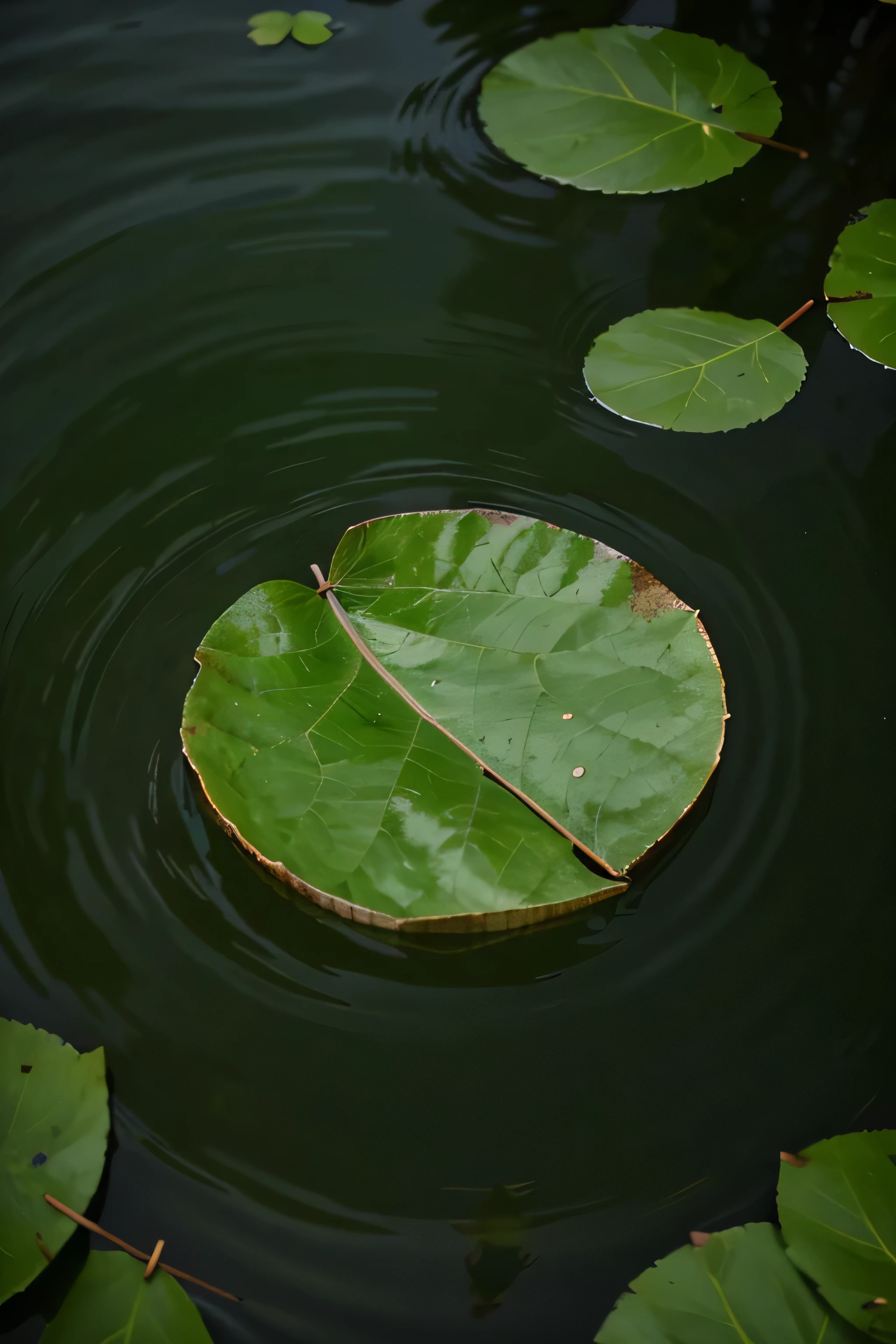 A stunning close-up portrait of a leaf floating on the surface of the water. the leaves are accompanied by soft ripples, creating a calm and beautiful atmosphere.