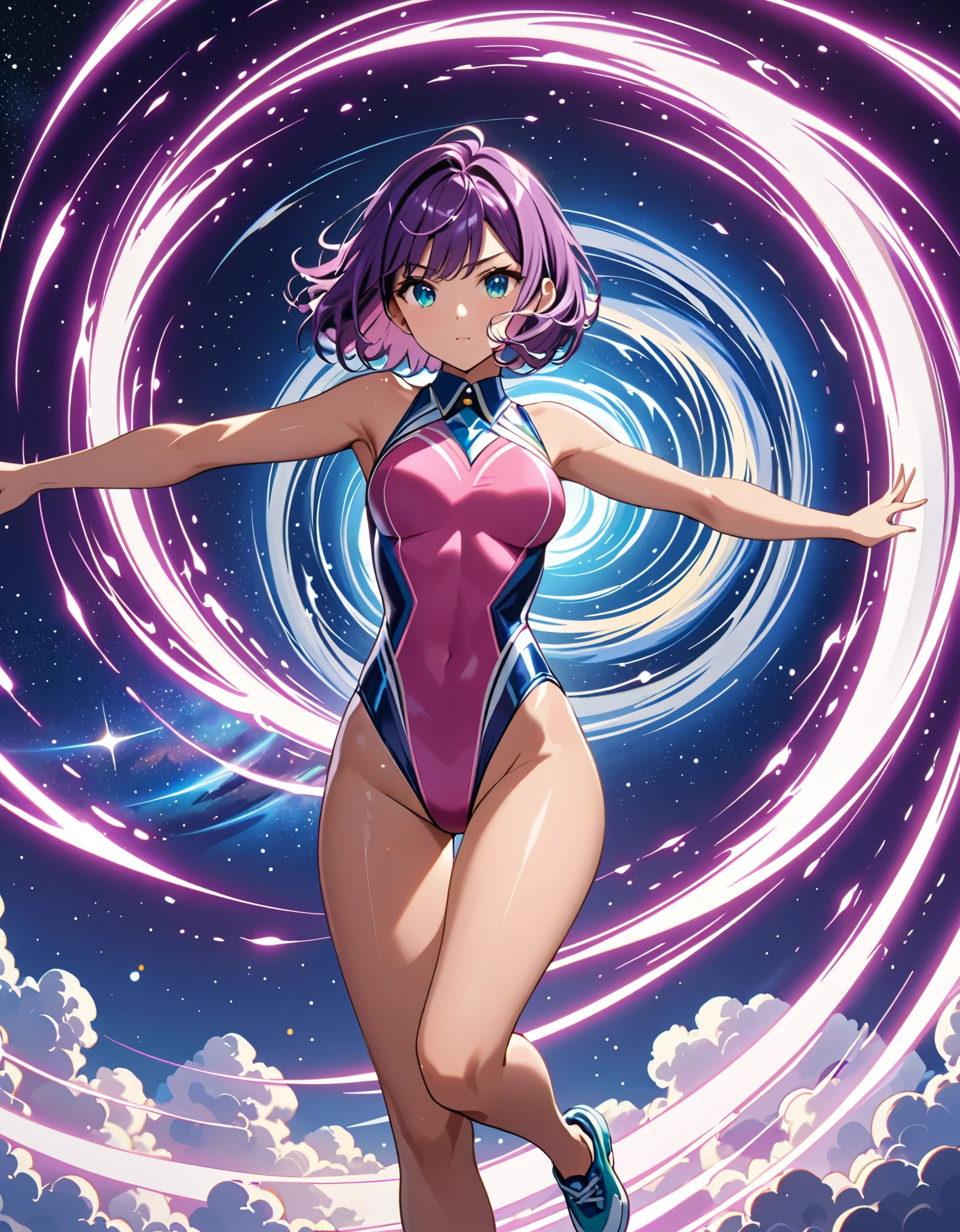 masterpiece, best quality, highres, 1girl, solo, green suit and tie, leotard, perfect leotard, pink leotard, bare legs, matching shoes, looking at viewer, space backdrop, perfect hands, perfect eyes, perfect legs, perfect arms, perfect fingers, medium breasts, standing, purple hair, short hair, bob hair, blue eyes, standing, full body with costume, spread arms. spins in place like a (tornado). (she spins at an incredible speed), creating a whirlwind of air around her. spiral lines around her body, cyclone winds around, tornado spinning, curved sword slash.