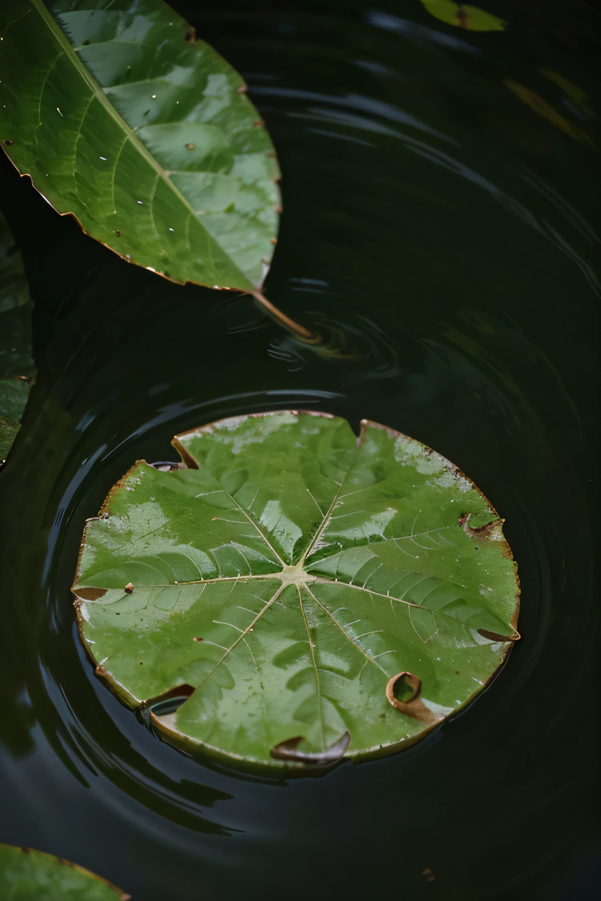 A stunning close-up portrait of a leaf floating on the surface of the water. the leaves are accompanied by soft ripples, creating a calm and beautiful atmosphere.