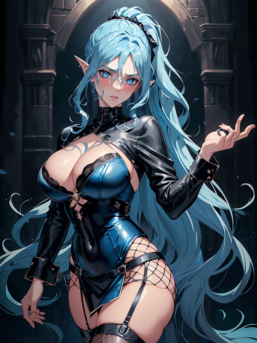 handsome older WOMAN，blue-eyes，blue pupils，Long blue hair，Hyperresolution，accuracy，Detailed rendering，（Subtle facial image）（Image of fine hair）（topquality）（Masterpieces of masters）（High degree of completeness）（A sense of atmosphere）tmasterpiece，Super detailed and super detailed（half-body portrait), long wavy blue hair, (((tHICK WAVY HAIR)))(((ANKLE LENGTH HAIR)))(((Blushing)))(((Huge breasts)))(((LARGER BREASTS))) large breasts, bigger breasts (((Bigger breasts))) (((Blushing))) (((Sakimichan))) (((blue hair))) (((black Rockstar outfit))) (((Leather black outfit))) (((Rockstar)))(((Fishnet tights)))(((cASUAL ROCK OUTFIT))) (((gRUNGE OUTFIT))) (((rOCK MAKEUP))) (((sINGING))) (((bLACK LEATHER OUTFIT))) (((bLACK EYELINER)))(((Fierce expression))) (((Focused))) (((Hair in a long ponytail))) (((Ponytail))) (((sEXY LINGERIE))) (((Elf ears)))(((Spotlight)))