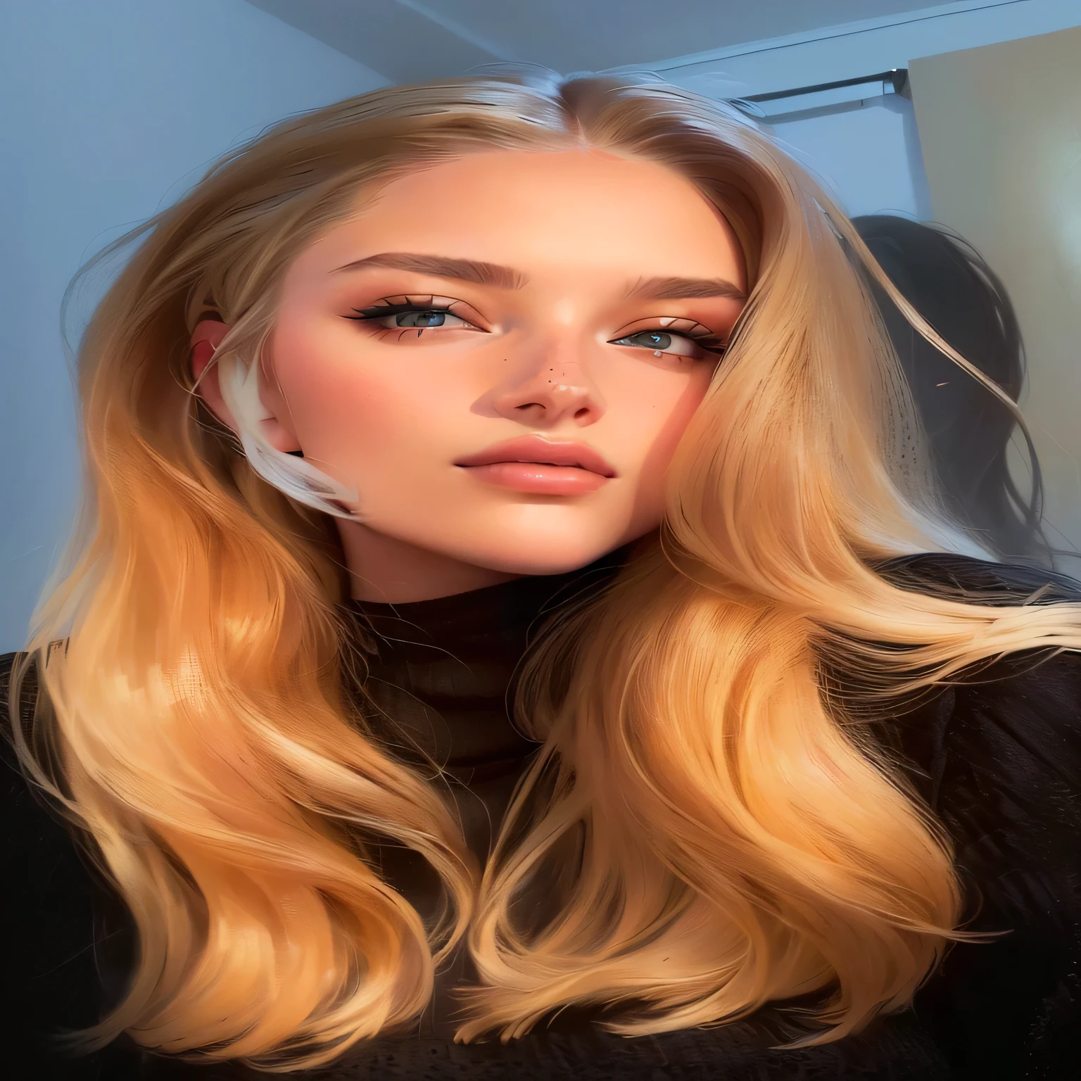 curvy woman with long blonde hair and black turtleneck sweater, profile picture with headshot, retrato sophie mudd, Daniela Ullig, 🤤 portrait of , blonde hair and large eyes, perfectly lit face, taken at the beginning of 2020, 2 4 year old female model, profile image, mia kischner, face perfect ), ellie victoria gale