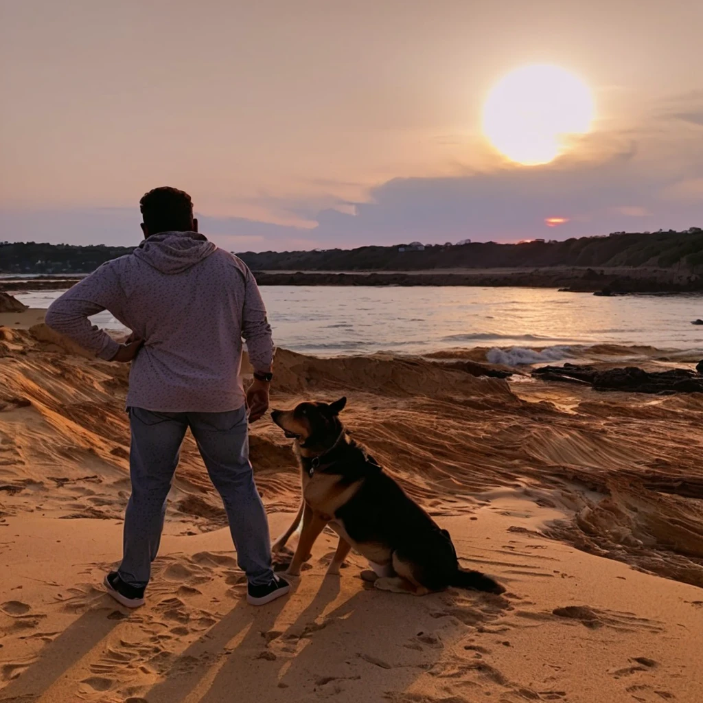 homem arafiado e cachorro em uma praia at sunset, Watching the sunset, looking at the sunset, with sunset, at sunset, during sunset, during a sunset, in a beautiful sunset, looking at sunset, with a sunset, looking off into distance, looking at the water, during golden hour, looking at a sunset, gazing at the horizon