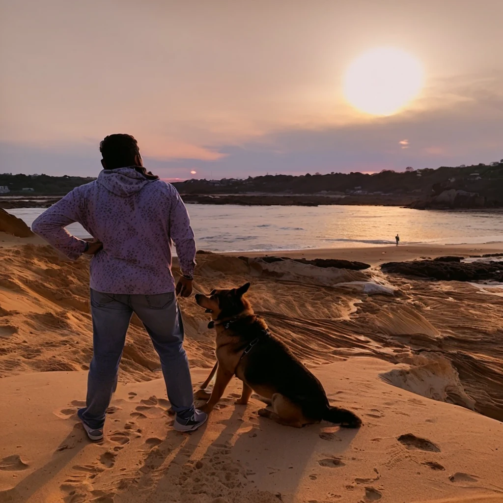 homem arafiado e cachorro em uma praia at sunset, Watching the sunset, looking at the sunset, with sunset, at sunset, during sunset, during a sunset, in a beautiful sunset, looking at sunset, with a sunset, looking off into distance, looking at the water, during golden hour, looking at a sunset, gazing at the horizon