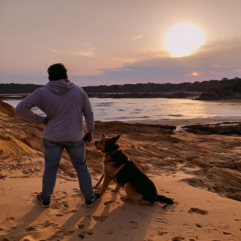 homem arafiado e cachorro em uma praia at sunset, Watching the sunset, looking at the sunset, with sunset, at sunset, during sunset, during a sunset, in a beautiful sunset, looking at sunset, with a sunset, looking off into distance, looking at the water, during golden hour, looking at a sunset, gazing at the horizon