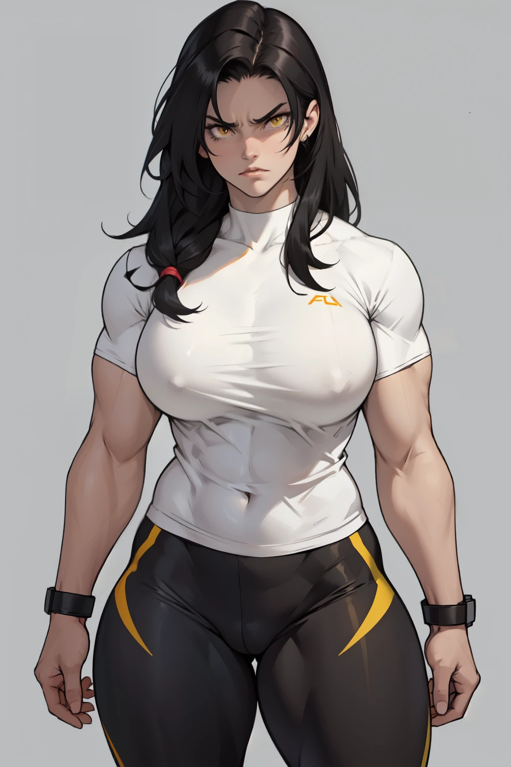 ((1girl)) pale skin large breasts (muscular) toned body thick thighs black hair yellow eyes (long hair grey background) bodybuilder angry tight shirt