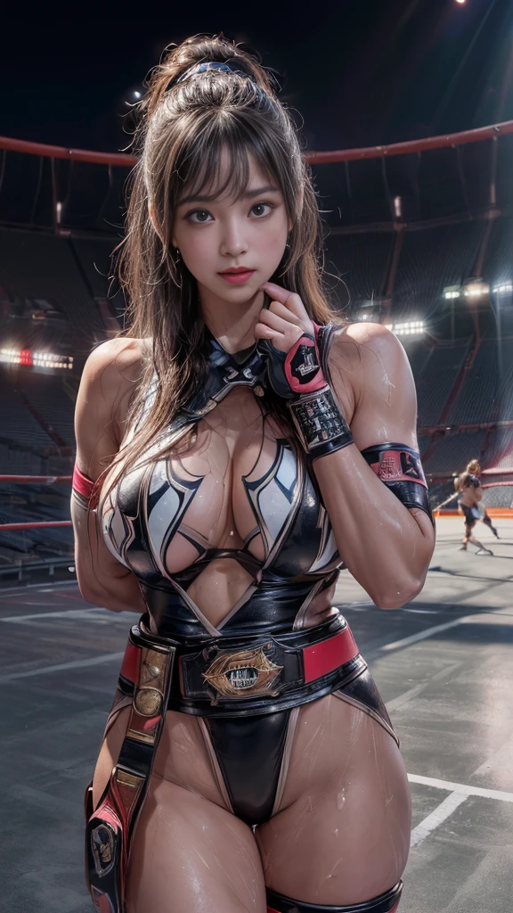 nsfw、Female professional wrestler、((Championship Belt))、expensive、smile、((In the Ring))、((Spotlight))、(((Big stadium)))、((Super big breasts))、((Super tight costume))、Wristband、(((Aggressive and flashy costumes)))、((Elbow guard))、(Shin guard)、I can see your muscles、Hairstyle with bangs、((Sweat))、((Match venue))、Very beautiful woman、((Female Athletes))、(Detailed face)、Realistic Skin、((Delicate photo))，(Girl masterpiece RAW photo details:1.25), (Highest quality:1.6), (Ultra-high resolution:1.5), (Realistic:1.75), 8K resolution,50mm, Absurd, Super detailed,Cinema Lighting、