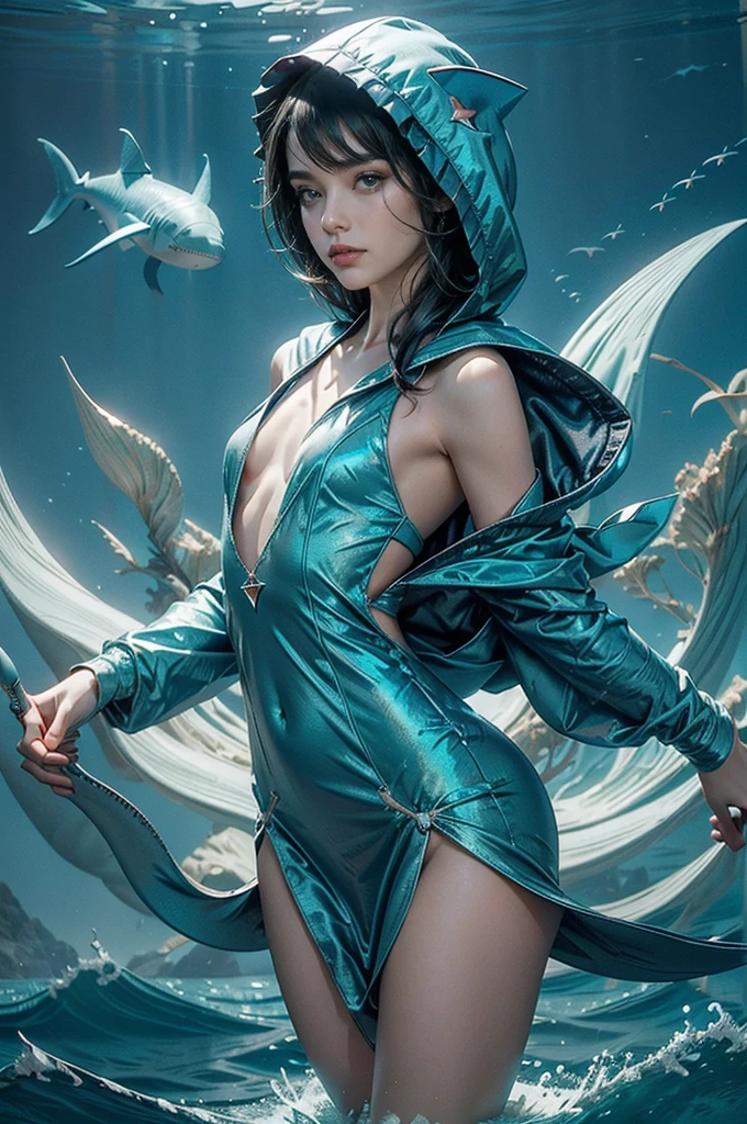 (((best quality))),(((ultra detailed))),(((masterpiece))),illustration,(1 beautiful girl,shark girl,solo),((slim,thin,small breasts,flat chest)),aquarium,summer night,(sleek shark-hooded shirt-dress:1.3),shimmering hues,enchanting aura,(shoulder length straight bob hair:1.2),ocean-blue locks,shiny seaweed,porcelain skin,neon lights,emerald eyes,sharp gaze,delicate shark fin,translucent membrane,dancing fish,vibrant colors,undulating water,salty scent,distant waves,coral reef,gentle shadows,serene ambiance,electric atmosphere,Alezandra,oceanic magic,allure,enchantment,vision,extraordinary presence