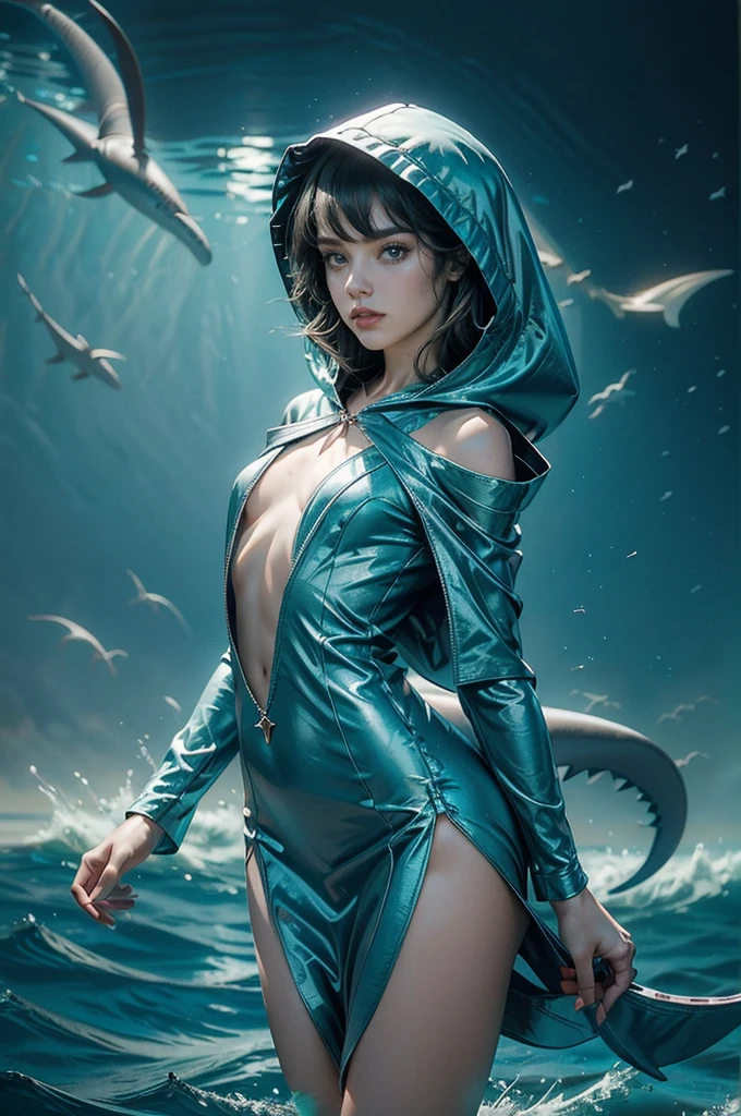 (((best quality))),(((ultra detailed))),(((masterpiece))),illustration,(1 beautiful girl,shark girl,solo),((slim,thin,small breasts,flat chest)),aquarium,summer night,(sleek shark-hooded shirt-dress:1.3),shimmering hues,enchanting aura,(shoulder length straight bob hair:1.2),ocean-blue locks,shiny seaweed,porcelain skin,neon lights,emerald eyes,sharp gaze,delicate shark fin,translucent membrane,dancing fish,vibrant colors,undulating water,salty scent,distant waves,coral reef,gentle shadows,serene ambiance,electric atmosphere,Alezandra,oceanic magic,allure,enchantment,vision,extraordinary presence