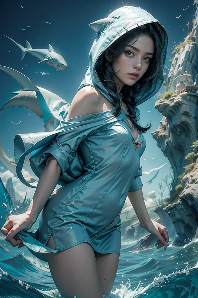 (((best quality))),(((ultra detailed))),(((masterpiece))),illustration,(1 beautiful girl,shark girl,solo),((slim,thin,small breasts,flat chest)),aquarium,summer night,(sleek shark-hooded shirt-dress:1.3),shimmering hues,enchanting aura,(shoulder length straight bob hair:1.2),ocean-blue locks,shiny seaweed,porcelain skin,neon lights,emerald eyes,sharp gaze,delicate shark fin,translucent membrane,dancing fish,vibrant colors,undulating water,salty scent,distant waves,coral reef,gentle shadows,serene ambiance,electric atmosphere,Alezandra,oceanic magic,allure,enchantment,vision,extraordinary presence