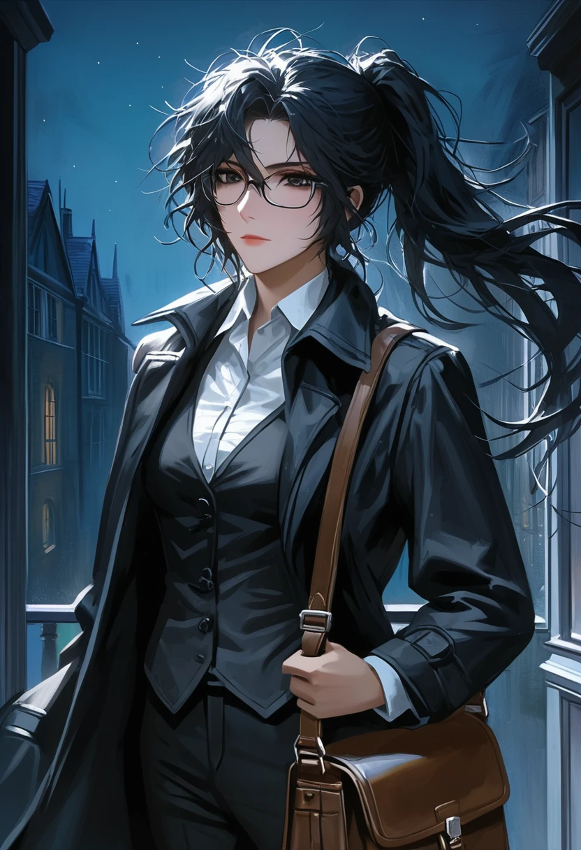 ((adult)), (woman), ((tall)), Ryoshu from Limbus company , masterpiece, best quality, dark aura, black hair, ((pony tail hair)), (messy hair) , ringed dark eyes, glasses, plain white shirt, white shirt, black vest, coat, black pants, carrying a robust leather bag, (faint smile), realistic anime style, (oil painting), dark old manor background, night, impasto.