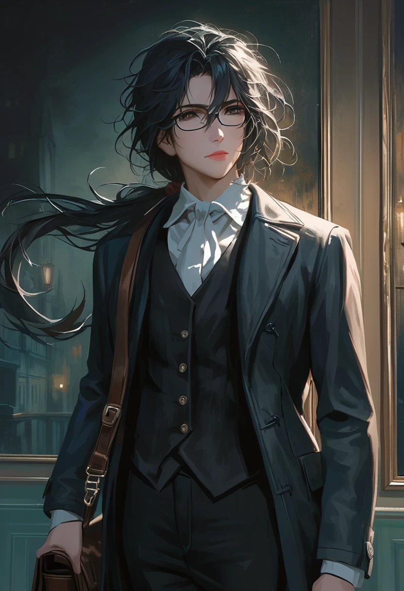((adult)), (woman), ((tall)), Ryoshu from Limbus company , masterpiece, best quality, dark aura, black hair, ((pony tail hair)), (messy hair) , ringed dark eyes, glasses, plain white shirt, white shirt, black vest, coat, black pants, carrying a robust leather bag, (faint smile), realistic anime style, (oil painting), dark old manor background, night, impasto.