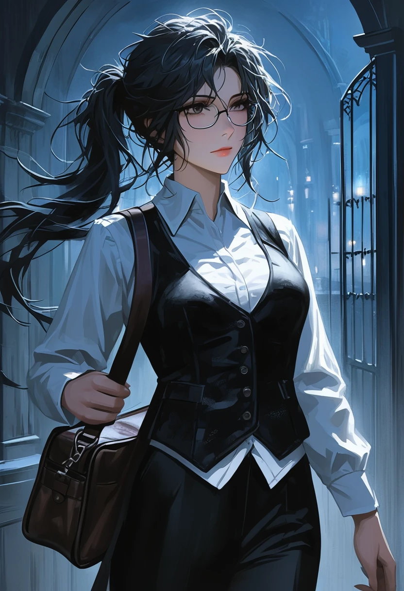 ((adult)), (woman), ((tall)), Ryoshu from Limbus company , masterpiece, best quality, dark aura, black hair, ((pony tail hair)), (messy hair) , ringed dark eyes, glasses, plain white shirt, white shirt, black vest, coat, black pants, carrying a robust leather bag, (faint smile), realistic anime style, (oil painting), dark old manor background, night, impasto.