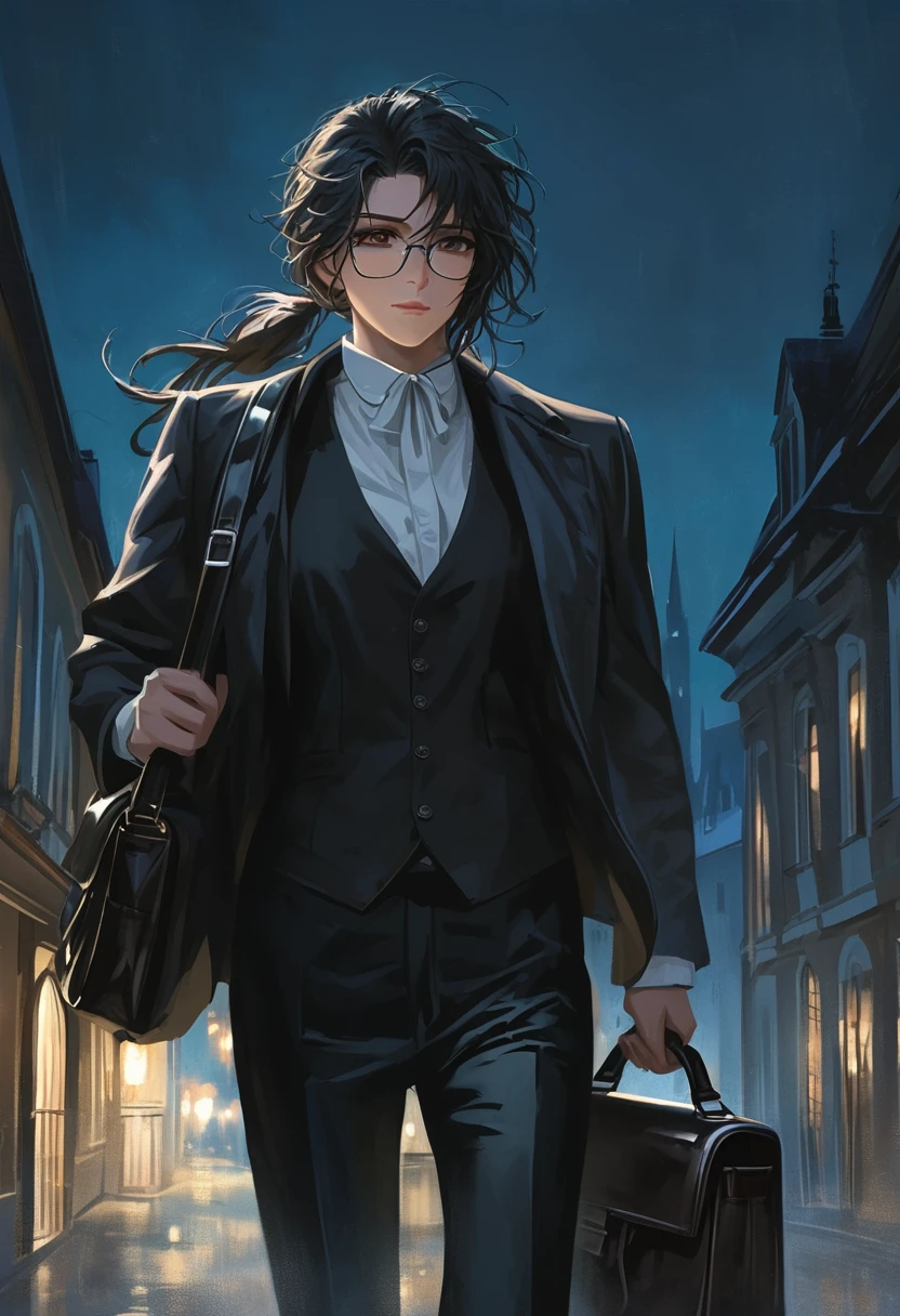 ((adult)), (woman), ((tall)), Ryoshu from Limbus company , masterpiece, best quality, dark aura, black hair, ((pony tail hair)), (messy hair) , ringed dark eyes, glasses, plain white shirt, white shirt, black vest, coat, black pants, carrying a robust leather bag, (faint smile), realistic anime style, (oil painting), dark old manor background, night, impasto.