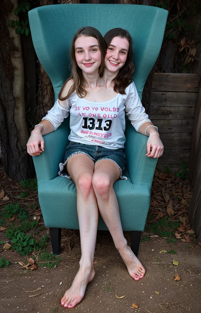 2heads, two headed girl, (a 13 year old girl and a 30 year old woman:1.5),  barefoot