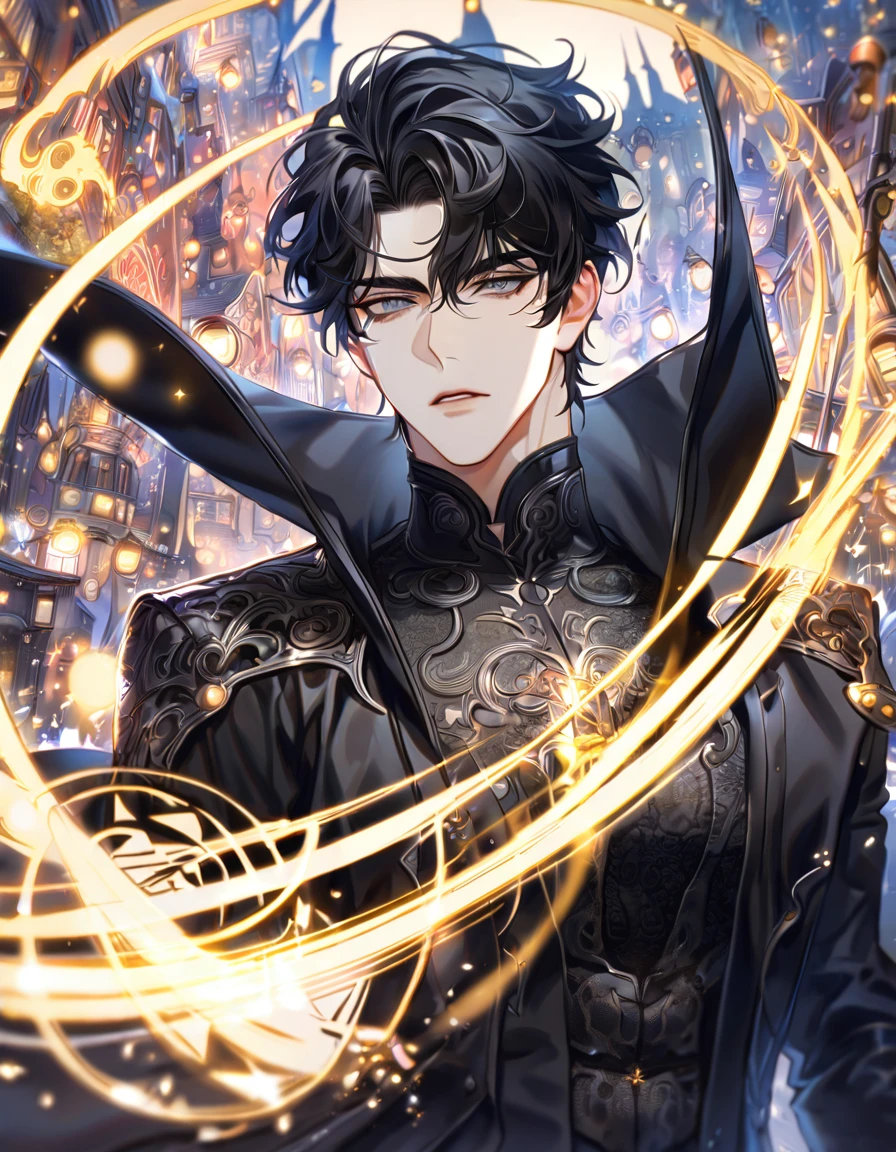 absurdres, highres, ultra detailed, HDR, master piece, best quality, extremely detailed face, delicated features, Yoo Joonghyuk, black hair, expressive gray eyes, Omniscient reader's viewpoint, solo, sexy man, handsome, black coat, black tight shirt, magic, fantasy, city, lights, envy magical