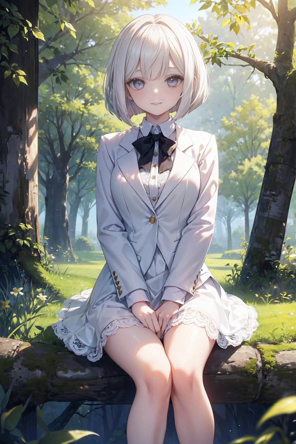 sunny, Elegant photo of a girl wearing a Blazer Dress, (Puffy eyes:1.05), (White lace shirt), Platinum blonde hair, (Angled Bob:1.4), Straight bangs, (Flowing hair), Smile, Happy, happiness, High Detail Skin, Skin pores, Amazing innocent symmetrical face, Long eyelashes, Black eyeliner, Light gold eyeshadow,(Sitting on a branch), cross_leg, emotion, wind, garden, Trees, Grass, masterpiece, best quality, Reality,