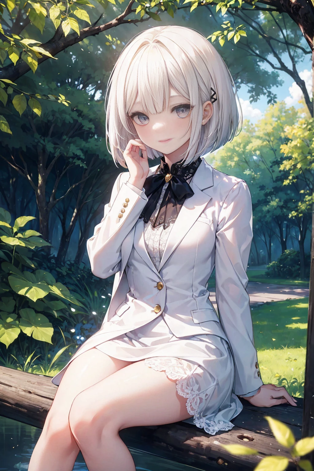 sunny, Elegant photo of a girl wearing a Blazer Dress, (Puffy eyes:1.05), (White lace shirt), Platinum blonde hair, (Angled Bob:1.4), Straight bangs, (Flowing hair), Smile, Happy, happiness, High Detail Skin, Skin pores, Amazing innocent symmetrical face, Long eyelashes, Black eyeliner, Light gold eyeshadow,(Sitting on a branch), cross_leg, emotion, wind, garden, Trees, Grass, masterpiece, best quality, Reality,
