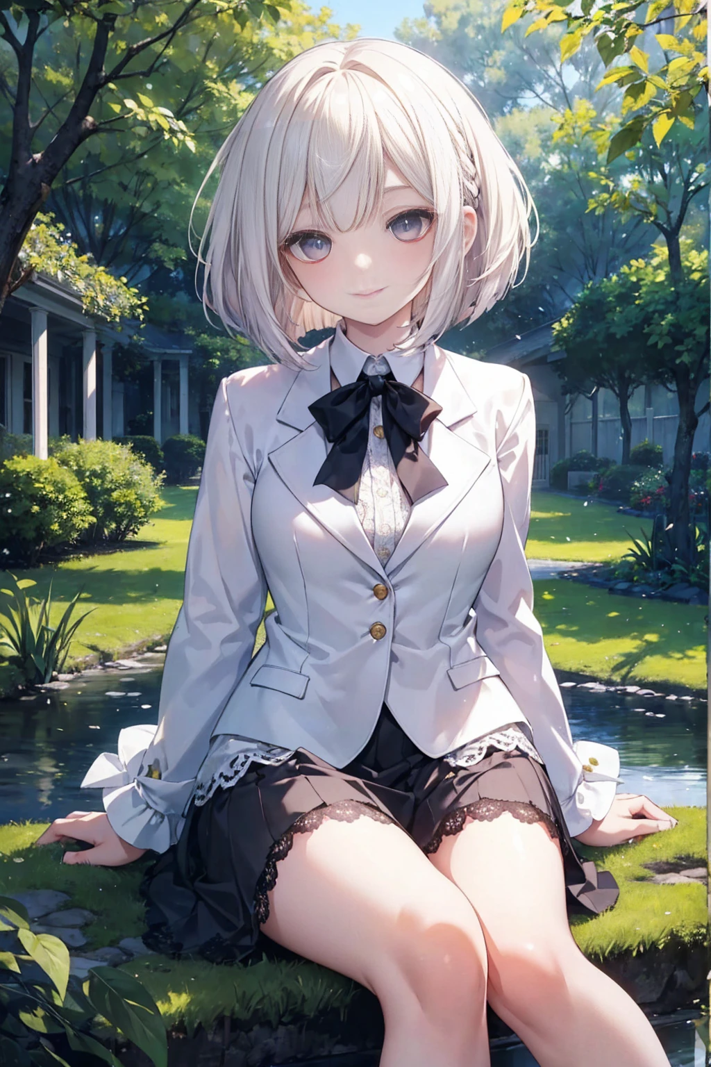 sunny, Elegant photo of a girl wearing a Blazer Dress, (Puffy eyes:1.05), (White lace shirt), Platinum blonde hair, (Angled Bob:1.4), Straight bangs, (Flowing hair), Smile, Happy, happiness, High Detail Skin, Skin pores, Amazing innocent symmetrical face, Long eyelashes, Black eyeliner, Light gold eyeshadow,(Sitting on a branch), cross_leg, emotion, wind, garden, Trees, Grass, masterpiece, best quality, Reality,