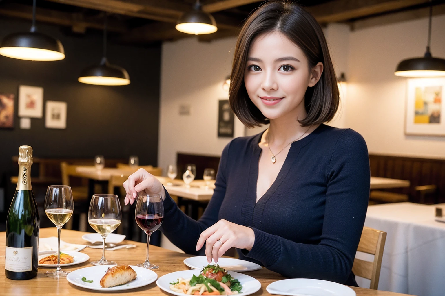 ((Highest quality、8K、masterpiece:1.3))、slimカップル、modelカップル、(Realistic, Intricate details:1.2), full-course dinner、Wine Party、Amazing view of the sunset sky and clouds、A bright smile、The wonderfulness of smile、Bright image、The beauty of wine, Beautiful Face, blue eyes, The light shines on your face, Blushing, short hair,Bright Face、 (Age 37), 39 years old, red wine 、Appetizers、Italian food、Wine bottle、Champagne、sparkling wine、Two beauties、Brown Hair、Shortcuts、Long sleeve shirt、dress、Beautiful woman 1, (slimな顔), (The body is slim), (Brown Hair), (Shortcuts), cheeks turn a little red,Attractive beauty、restaurant, In a prominent place (From the waist up) Nova Frog Style, actress, model, Upper Body, White wine, slim, wine glass, 中央に置かれたwine glass, smile, (smile: 1.15), Beautiful fine grain, Depth f/2,saturation, High Contrast, Strong light and shadow,Moist Body:1.5、3D texture、Delicate eyes、Brown Hair、The hair is very shiny、