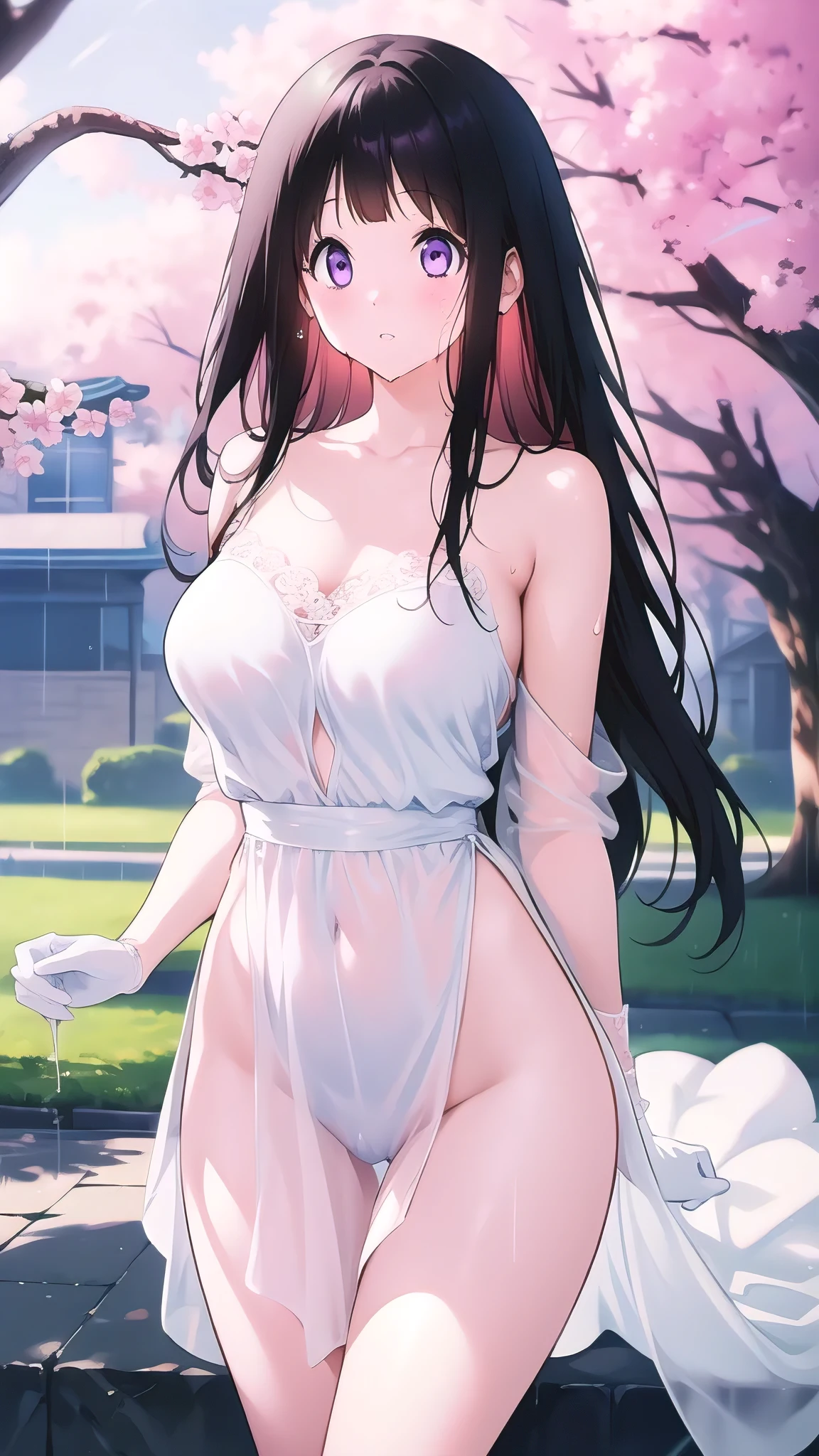 Amazing Chitanda, There is only one beautiful girl,Purple Eyes, Black Hair, Very red face,Very white skin,Glowing skin,Skin as delicate as porcelain,Naturally straight hair, Straight bangs,Extremely refined,Open lips,Long flowing hair,Beautiful Girl, Like a dream,Slim,Slim waist,soft, (sensuous), (Kawaii), Dream quality,Beautiful big breasts,Sheer loose dress,areola,Completely naked,Lower edge of breast,White gloves,Flower decoration,Deep V neckline,Loose neckline,White lace-up,Wide neckline,In school,The wind blows the hair,Place your hands on your inner thighs,Thighs clamp hands,Wet skin,Sweaty and sweaty,Sweating all over,it is raining,Next to the cherry blossom trees,Back to,Lean over,Hips,Side body,Gluteal groove,Completely naked buttocks,Bare back,Completely naked back,Light transmission,(no pants),nopan,pussy juice,Bare shoulders,There are no shoulder straps,Bare neck,Exposed collarbone,Exposing breasts,Exposing breasts side,Exposing breasts,Show your waist,Show your buttocks,Show your thighs,Exposing the groin,(No pants),extremely shy,Ultra-high resolution, (masterpiece:1.2, best quality), (Delicate and beautiful eyes: 1.2), (Beautiful and delicate face)