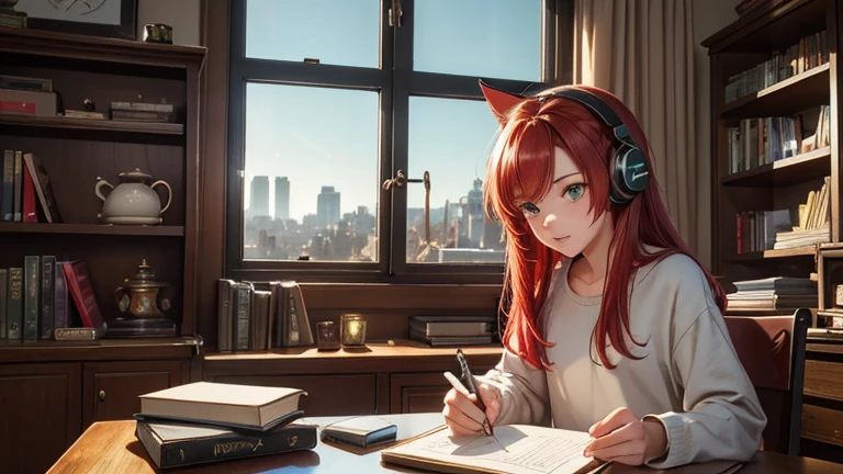 Kizi, 18-years old, red hair, greeneyes, estilo rebelde, wearing headphones and writing in notebook at his study desk, in your room, next to large window overlooking the city. On the table there are 2 books and a cup of tea, her little cat and on the shelf with books there is a small vase with flowers.
