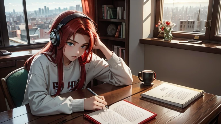 Kizi, 18-years old, red hair, greeneyes, estilo rebelde, wearing headphones and writing in notebook at his study desk, in your room, next to large window overlooking the city. On the table there are 2 books and a cup of tea, her little cat and on the shelf with books there is a small vase with flowers.
