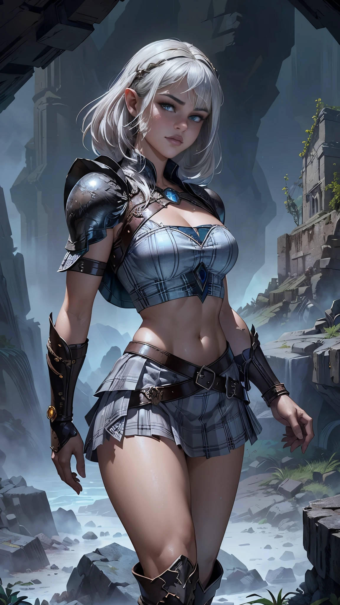 (La Best Quality,A high resolution,ultra-detailed,actual),Selena Gomez con falda corta de cuadros blanca shein , and a white plaid crop top , ,(Ruined dungeon ruins background:1.4 ),(White gray hair :1.4), 8K more detailed.unreal engine:1.4,UHD,La Best Quality:1.4, photorealistic:1.4, skin texture:1.4, Masterpiece:1.8,first job, Best Quality,object object], (detailed facial features:1.3),(The correct proportions),(beautiful blue eyes),  (cowboy pose),( Selena Gomez :1.4), (shein white plaid short skirt :1.4), Estilo de epic fantasy art HD, 4K fantasy art, epic fantasy digital art style, epic fantasy art style, fantasy woman, epic fantasy art portrait, epic fantasy style, hyperrealistic fantasy art, fantasy art in high definition, Epic fantasy character art., epic fantasy art, in dark fantasy art style, epic fantasy digital art, (perfect anatomy :1.4), (amazon warrior style :1.4), (background large wild plants :1.4), (black buffalo leather style :1.4), (background large stones cave cavern lava :1.4), (fantasy spooky enchanted forest night :1.4) 