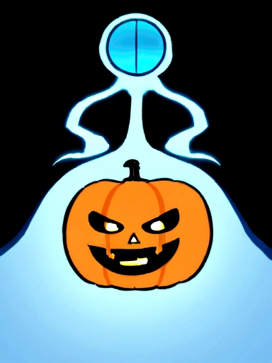 one with a pumpkin head, girl with huge ,thick-thighs, waist,short, with smoke hissing from the pumpkin&#39;s mouth, the whole background full of blue smoke, a blue light coming from inside the pumpkin.