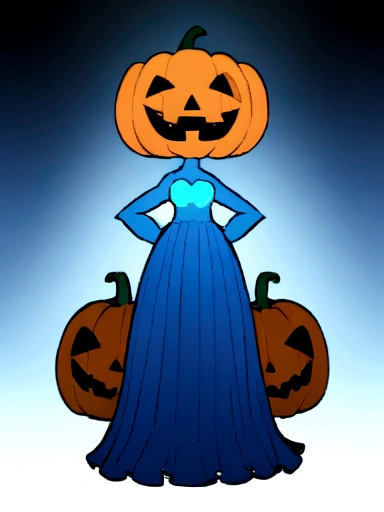 one with a pumpkin head, girl with huge ,thick-thighs, waist,short, with smoke hissing from the pumpkin&#39;s mouth, the whole background full of blue smoke, a blue light coming from inside the pumpkin.