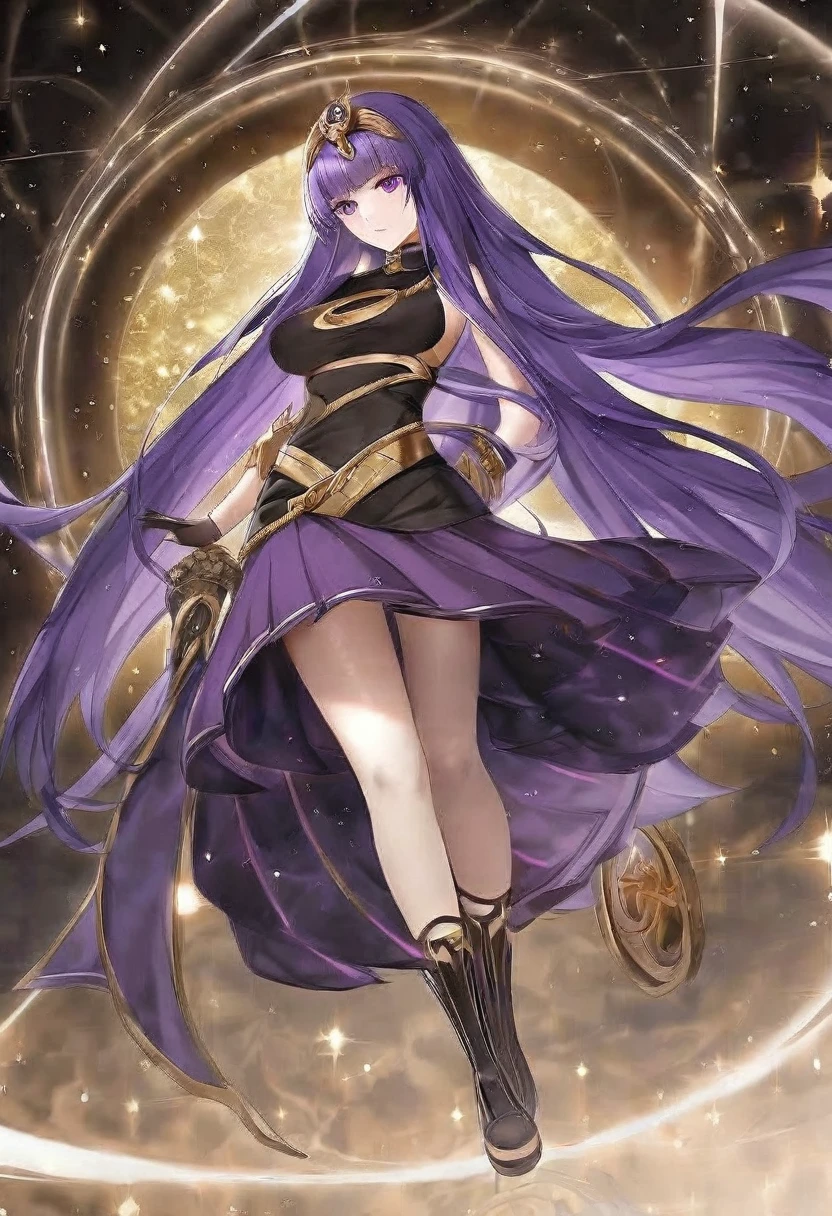 Goddess Athena，Extra long purple hair，Purple Eyes，Wearing black silk，Purple skirt，Black skirt，And there are gold stripes but not many，There is no decoration on the head，A black hole in the universe，Purple and black black hole