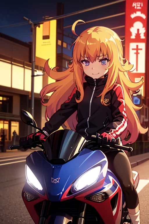 ultra-detailed,masterpiece,best quality,1girl,Gabriel White Tenma, Indigo eyes,  body , night,evil smile,driving bike,high speed,city street,girl focus,riding vehicle,red rider suit,serow250, motorcycle, shadow, logo,head wind