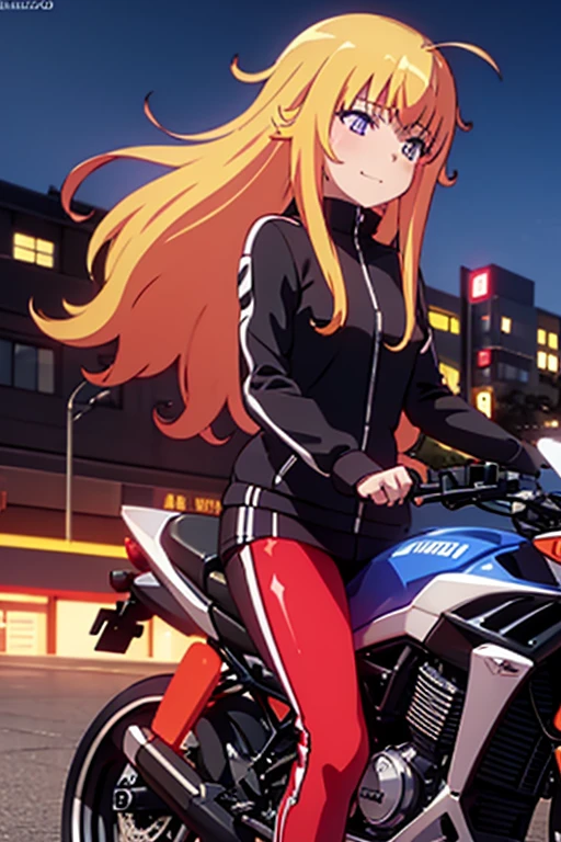 ultra-detailed,masterpiece,best quality,1girl,Gabriel White Tenma, Indigo eyes,  body , night,evil smile,driving bike,high speed,city street,girl focus,riding vehicle,red rider suit,serow250, motorcycle, shadow, logo,head wind