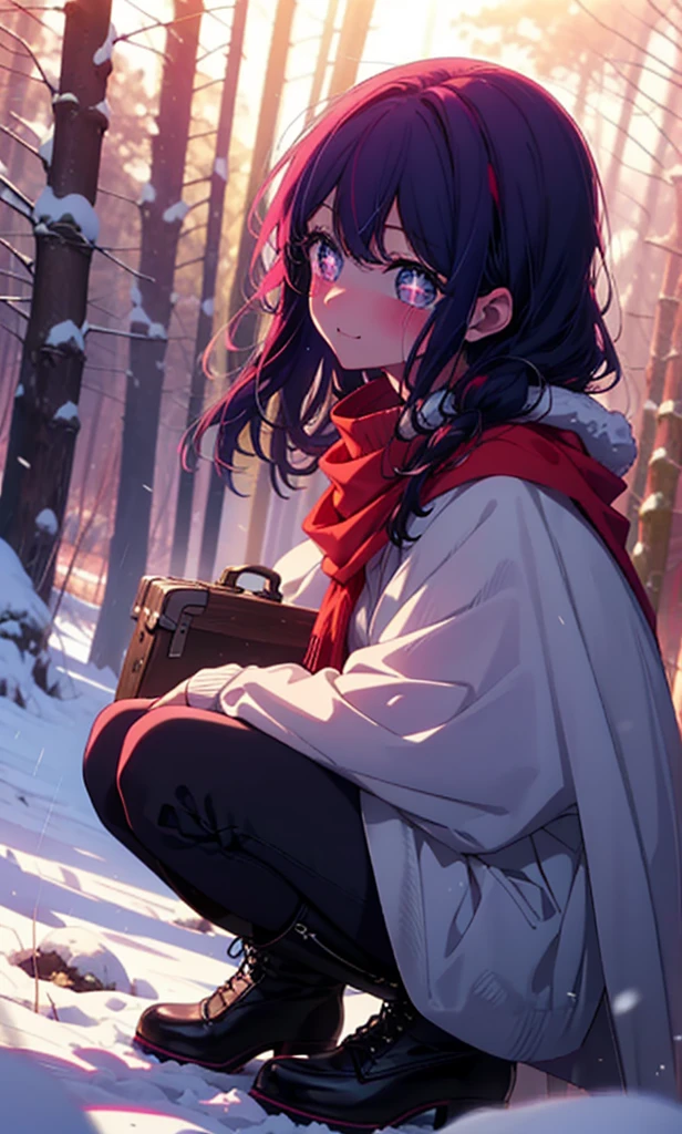 aihoshino, Ai Hoshino, Long Hair, bangs, (Purple eyes:1.1), Purple Hair, (Symbol-shaped pupil:1.5), smile,,smile,blush,White Breath,
Open your mouth,snow,Ground bonfire, Outdoor, boots, snowing, From the side, wood, suitcase, Cape, Blurred, , forest, White handbag, nature, Squat, Mouth closed, Cape, winter, Written boundary depth, Black shoes, red Cape break looking at viewer, Upper Body, whole body, break Outdoor, forest, nature, break (masterpiece:1.2), Highest quality, High resolution, unity 8k wallpaper, (shape:0.8), (Beautiful and beautiful eyes:1.6), Highly detailed face, Perfect lighting, Extremely detailed CG, (Perfect hands, Perfect Anatomy),