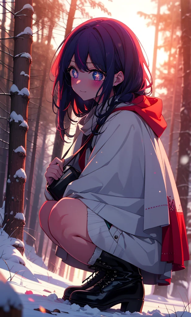 aihoshino, Ai Hoshino, Long Hair, bangs, (Purple eyes:1.1), Purple Hair, (Symbol-shaped pupil:1.5), smile,,smile,blush,White Breath,
Open your mouth,snow,Ground bonfire, Outdoor, boots, snowing, From the side, wood, suitcase, Cape, Blurred, , forest, White handbag, nature,  Squat, Mouth closed, Cape, winter, Written boundary depth, Black shoes, red Cape break looking at viewer, Upper Body, whole body, break Outdoor, forest, nature, break (masterpiece:1.2), Highest quality, High resolution, unity 8k wallpaper, (shape:0.8), (Beautiful and beautiful eyes:1.6), Highly detailed face, Perfect lighting, Extremely detailed CG, (Perfect hands, Perfect Anatomy),