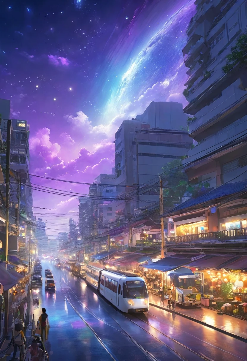 Studio Jibli, meteoriteสีเขียว มีหางเป็นทางยาว, in the sky of Bangkok, full of skyscrapers, sky train, A road with many cars passing by.., night time , starry sky, galaxy, Ghibli style , 4k , Masterpiece, various colored lights, Photorealisticlight reflected in the sky, Night atmosphere，（full moon：1.2），（meteorite：0.9），（Star Cloud：1.3），warm light source：1.2），lamp lights，Lots of purple and orange....，detailsที่ซับซ้อน，lightตามปริมาตร，Realism BREAK（ผลMasterpiece：1.2），（best quality），8k，มีdetailsมาก，（dynamic elements：1.4），ซึ่งมีdetailsมาก，detailsที่มีสีสัน，（rainbow colors：1.2），（light，atmosphere light），dream magical，magical，（single：1.2），（（best quality））， （（ผลMasterpiece））， （details：1.4），Maximum depth of field and clarity，perfect proportions，fluttering clouds