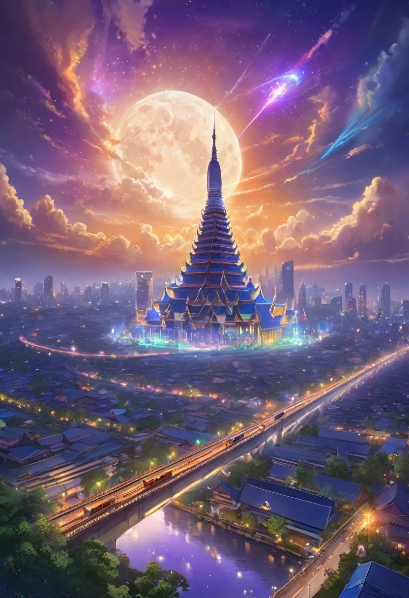 Studio Jibli, meteoriteสีเขียว มีหางเป็นทางยาว, in the sky of Bangkok, full of skyscrapers, sky train, A road with many cars passing by.., night time , starry sky, galaxy, Ghibli style , 4k , Masterpiece, various colored lights, Photorealisticlight reflected in the sky, Night atmosphere,(full moon:1.2),(meteorite:0.9),(Star Cloud:1.3),warm light source:1.2),lamp lights,Lots of purple and orange....,detailsที่ซับซ้อน,lightตามปริมาตร,Realism BREAK(ผลMasterpiece:1.2),(best quality),8k,มีdetailsมาก,(dynamic elements:1.4),ซึ่งมีdetailsมาก,detailsที่มีสีสัน,(rainbow colors:1.2),(light,atmosphere light),dream magical,magical,(single:1.2),((best quality)), ((ผลMasterpiece)), (details:1.4),Maximum depth of field and clarity,perfect proportions,fluttering clouds