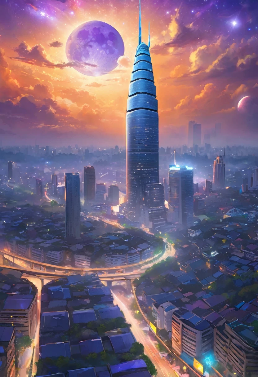 Studio Jibli, meteoriteสีเขียว มีหางเป็นทางยาว, in the sky of Bangkok, full of skyscrapers, sky train, A road with many cars passing by.., night time , starry sky, galaxy, Ghibli style , 4k , Masterpiece, various colored lights, Photorealisticlight reflected in the sky, Night atmosphere，（full moon：1.2），（meteorite：0.9），（Star Cloud：1.3），warm light source：1.2），lamp lights，Lots of purple and orange....，detailsที่ซับซ้อน，lightตามปริมาตร，Realism BREAK（ผลMasterpiece：1.2），（best quality），8k，มีdetailsมาก，（dynamic elements：1.4），ซึ่งมีdetailsมาก，detailsที่มีสีสัน，（rainbow colors：1.2），（light，atmosphere light），dream magical，magical，（single：1.2），（（best quality））， （（ผลMasterpiece））， （details：1.4），Maximum depth of field and clarity，perfect proportions，fluttering clouds