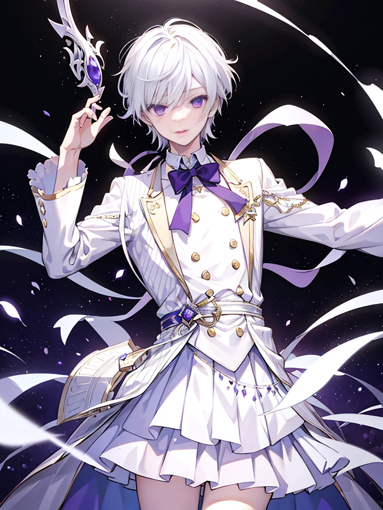 1boy, white hair, beautiful boy, purple eyes, dress, idol costume, white clothes, layered skirt, medium hair