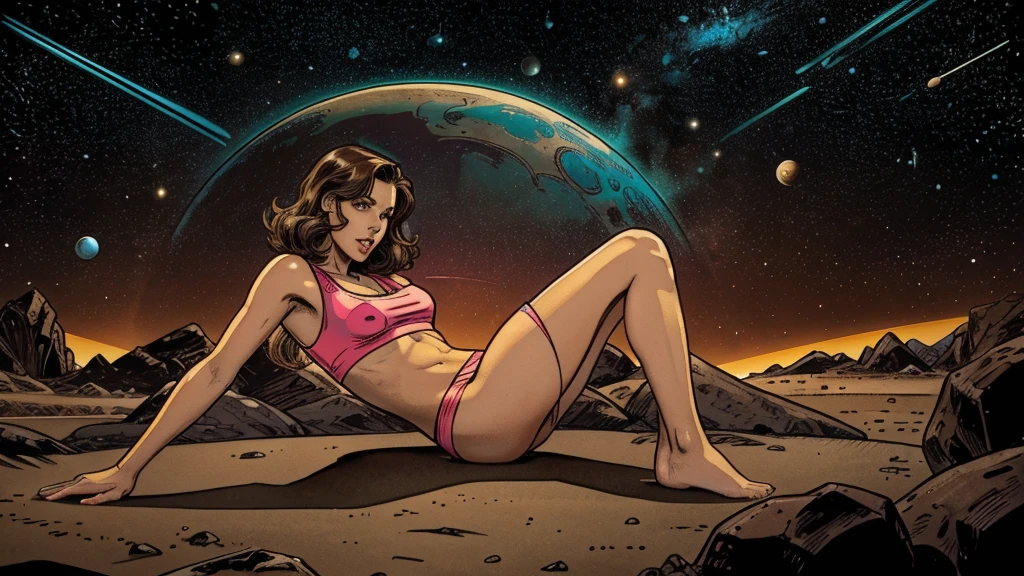a cute, slender, aerobics instructor, very short STRAIGHT brown hair, very short STRAIGHT brown hair, very short STRAIGHT brown hair, very short STRAIGHT brown hair, very short STRAIGHT brown hair, brown eyes, dimples, sexy pose; in an alien environment, space, planets, spaceships, creatures, tentacles, retro comics 1950s, neon colors, lots of bright popping colors, bright, contrasting colors