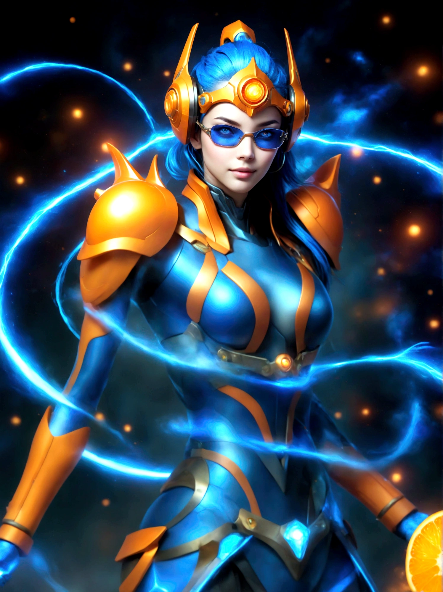 Game character design，3D character rendering，(((Vector illustration, flat illustration)))，League of Legends Jinx，((1girl，Blue double ponytail，Red eyes，big laughter，future warrior，Mechanical Warframe，Decorated with luminous lines and rivets，With streamer effect or LED light embellishment，Laser cannon、Ion cannon or pulse cannon))，((hair design：Brilliant deep blue，Add some glowing elements，Futuristic headgear such as orange photoelectric glasses or head-mounted display))，((Expression design：Add some glowing lines or orange LED light effects to the facial decoration，Design different facial expressions，Highlight the image of future warriors))，(action design：On the move、When releasing a skill or attacking，Add some special effects and animations，Highlight the sense of future and combat)，((Special effects design：Add cool orange light effects、Electromagnetic wave effect or virtual interface，Enhance the visual impact of skin)), ((standing on your feet，Metal heels, Glowing lines or orange LED light effect)), (full body shot of: 1.5)，jinx (league of legends)