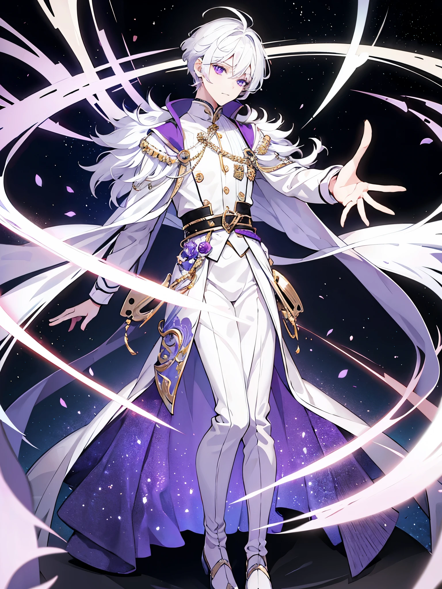1boy, white hair, beautiful boy, purple eyes, dress, idol costume, white clothes