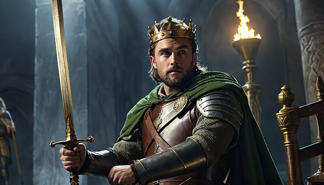 Create a hyperrealistic, ultra-detailed, high-quality image for a YouTube thumbnail depicting mythical and legendary historical figures. In the foreground, feature a close-up of a regal, enigmatic figure (like King Arthur) holding a glowing sword. Behind him, include shadowy, detailed figures of Robin Hood with his bow, Homer with a scroll, Prester John on a throne, and William Tell with his crossbow. Use dramatic, soft lighting to highlight their faces and iconic attributes, creating a sense of mystery and intrigue. The background should be a gradient gray, ensuring the figures stand out sharply. The overall composition should be visually striking, with each figure rendered in high detail, capturing the viewer's attention and enticing them to click on the video.