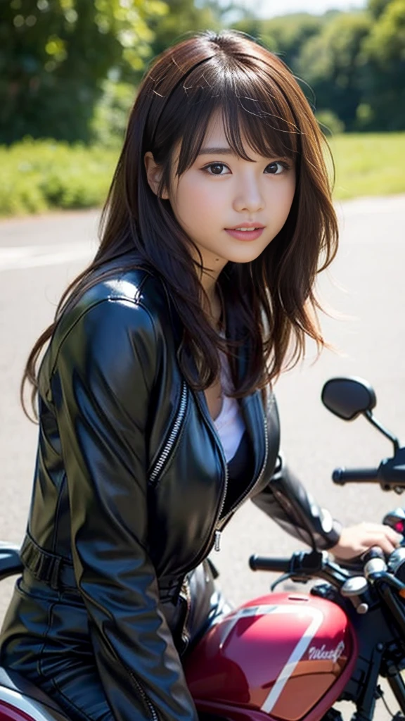 Close-up of a cute Japanese girl riding a motorcycle,Wearing pink leather jumpsuit、harley-davidsonに乗っている、